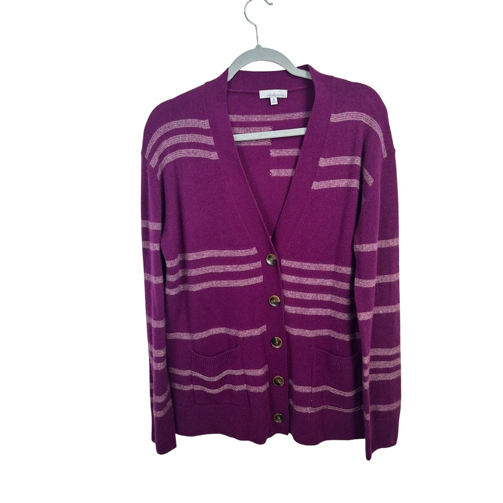 Collaboration Cardigan Women S Purple 100% Cashmere Striped V-Neck Pockets